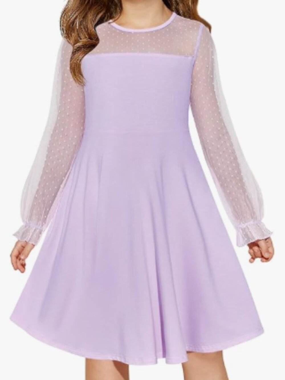 Lavender Swing Dress with Swiss Dot Sleeves